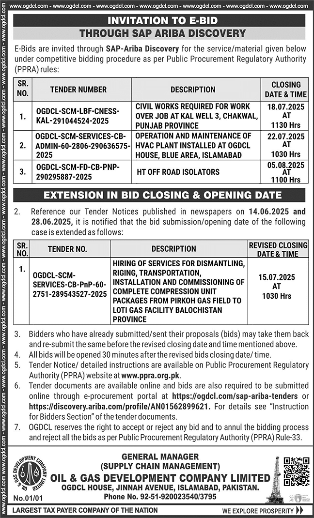 Oil & Gas Development Company Limited Islamabad Tender Notice